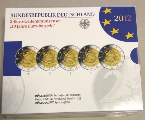2 EURO DEUTSCHLAND 2012  - 10 JAHRE EURO-BARGELD - (A / D / F / G / J)